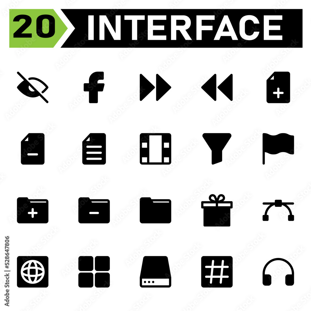 User interface icon set include face book, social media, user interface, fast, forward, arrows, rewind, file, plus, add, files, minus, remove, text, document, film, movie, video, filter, funnel, sort User interface icon set include face book, social media, user interface, fast, forward, arrows, rewind, file, plus, add, files, minus, remove, text, document, film, movie, video, filter, funnel, sort