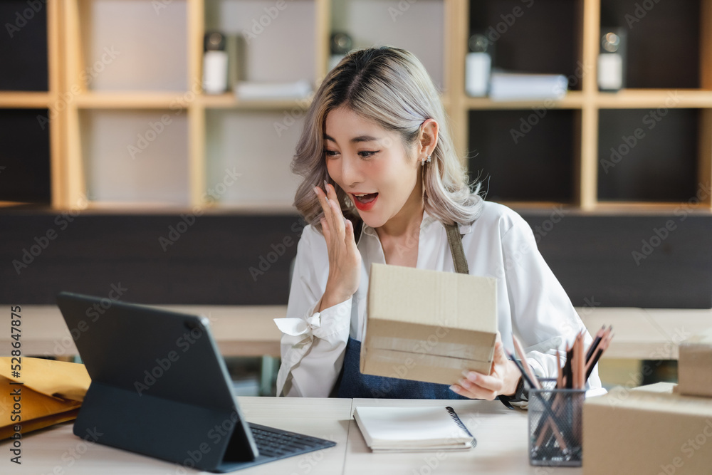 SME asian business woman happy check startup small business owner entrepreneur ecommerce order package marketing . SME asian business woman happy check startup small business owner entrepreneur ecommerce order package marketing .