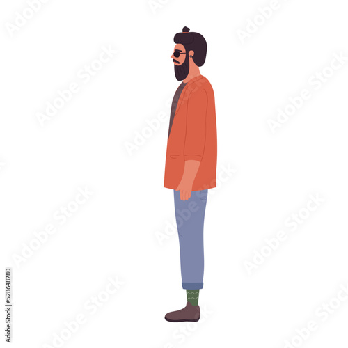Side view of standing hipster man. Cool handsome man in stylish clothes vector illustration
