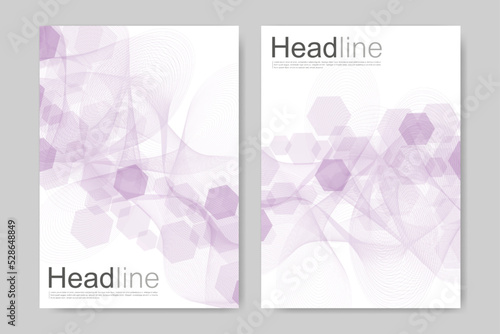 Vector templates for brochure magazine leaflet flyer cover booklet annual report. Modern futuristic hexagonal pattern with particle, molecule structure for medical, technology, chemistry, science