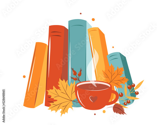 Books, cup coffee or tea with autumn bright leaves on white background. Vector illustration