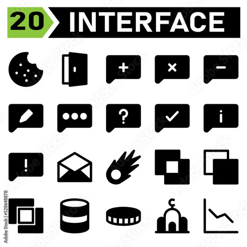 User interface icon set include cookie, biscuit, cake, chocolate chip, user interface, door, open, lo gin, enter, comment, add, text, bubble, cross, minus, edit, message, question, check, info,warning