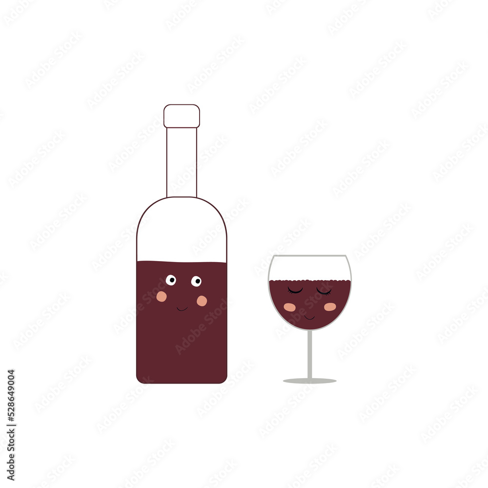 Funny vector illustration with wine bottle and wineglass with faces. Print set, home decoration poster design, restaurant menu, wine shop. Funny vector illustration with wine bottle and wineglass with faces. Print set, home decoration poster design, restaurant menu, wine shop.
