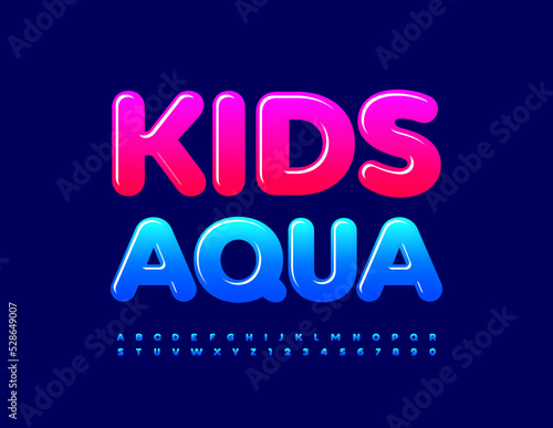 Vector bright sign Kids Aqua. Blue glossy Alphabet Letters and Numbers set. Modern creative Font
