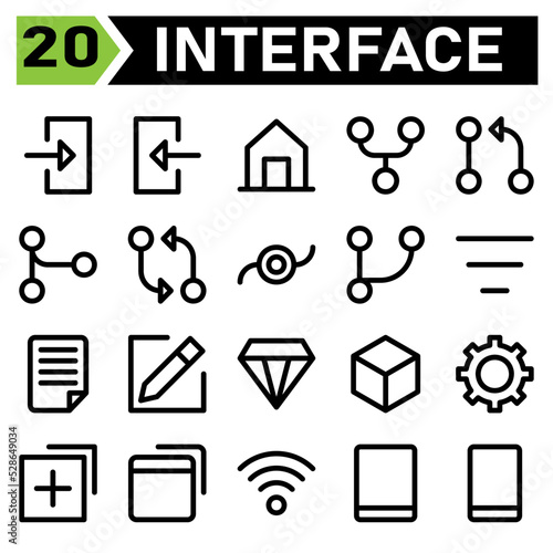 User interface icon set include log, in, account, access, enter, user interface, out, house, home, building, menu, forked, git, request, pull, merge, compare, commit, branch, filter, center