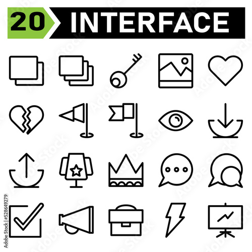 Web interface icon set include layer, web app, add, stack, server, key, keyword, security, protect, image, album, picture, photos, heart, essential, favorite, broken, crack, flag, milestone, finish