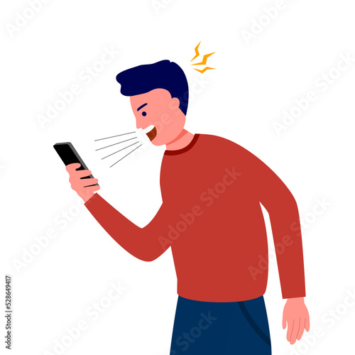 Angry man talking on phone in flat design on white background.