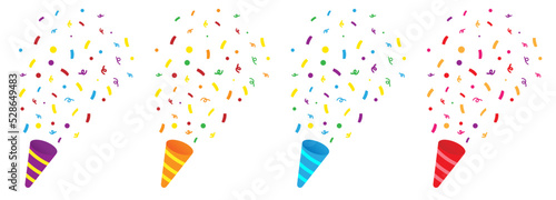 Colorful confetti with ribbons, firecracker. Holiday illustration. Festival illustration. Party illustration. Carnival. Vector illustration.
