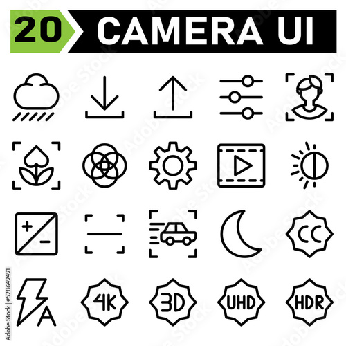Photo Camera icon set include mode, cloud, rain, photo, camera, interface, download, upload, preferences, setting, adjustment, tools, option, face, macro, flower, shoot, gear, cogwheel, video, play