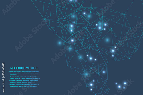 Structure molecule and communication. Dna, atom, neurons. Scientific concept for your design. Connected lines with dots. Medical, technology, chemistry, science background. Vector illustration
