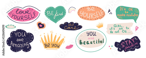 Inspirational phrases and slogans. Hand written lettering set. Positive motivational girly quotes. Good vibes collection. Cartoon style vector illustration on white background