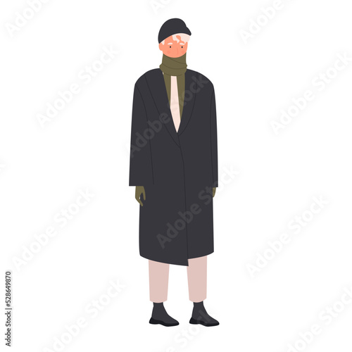 Boy dressed in winter clothes. Warm long coat, fashion for cold season vector illustration