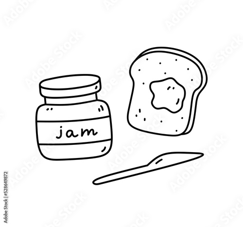 Jar of jam, toast and knife isolated on white background. Food for breakfast or for a snack. Vector hand-drawn illustration in doodle style. Perfect for cards, decorations, logo, menu, recipes.