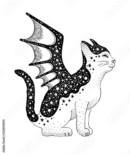 Magic witch cat with wings. Gothic cat with dragon and bat element. Anime art tattoo. Halloween esoteric animal. Egyptian fantasy symbol. Celestial Halloween vampire witchcraft. Mystical kitty ghost