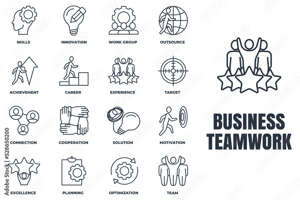 Set of Business teamwork icon logo vector illustration. cooperation, skills, optimization, experience, target, achievement, career and more pack symbol template for graphic and web design collection Set of Business teamwork icon logo vector illustration. cooperation, skills, optimization, experience, target, achievement, career and more pack symbol template for graphic and web design collection