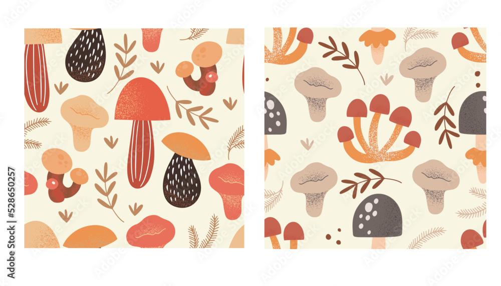 Set with two cute hand drawn vector seamless patterns with different mushrooms