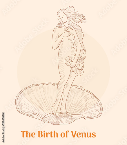 Sketch of the famous painting by Sandro Botticelli 'The Birth of Venus'. Woman with loose hair in a shell. Italian Renaissance. Vintage brown and beige card, hand-drawn, vector. Old design.