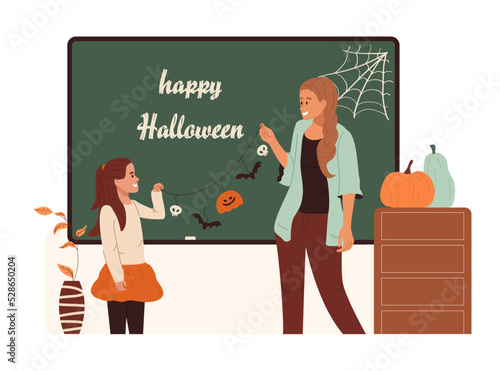 School teacher woman and little girl student decorate classroom for Halloween. Happy educator and kid hanging garland with decorations on chalkboard. Flat vector illustration