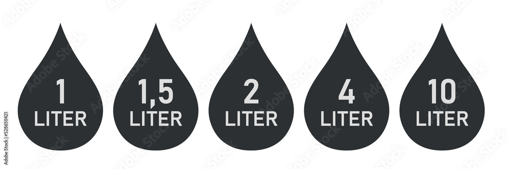 Liquid drop icon set. Fluid volume in liters. Vector illustration Liquid drop icon set. Fluid volume in liters. Vector illustration