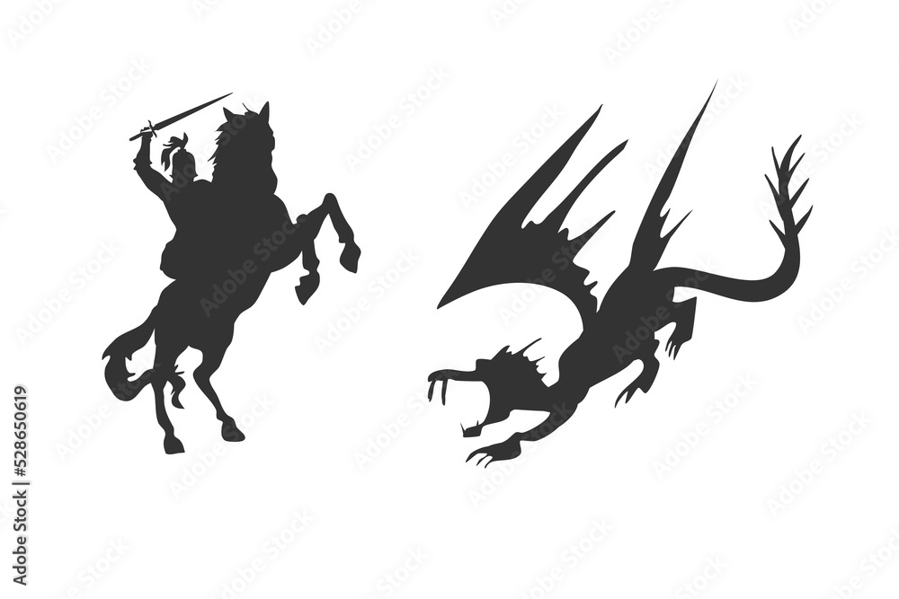 knight and dragon fight silhouette. Medieval battle outlines. knight and dragon fight silhouette. Medieval battle outlines.