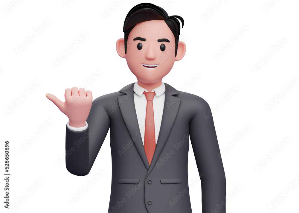 businessman in black suit red tie pointing with thumb aside looking at the camera, 3D illustration of businessman pointing with thumb businessman in black suit red tie pointing with thumb aside looking at the camera, 3D illustration of businessman pointing with thumb