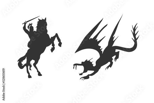 knight and dragon fight silhouette. Medieval battle outlines.