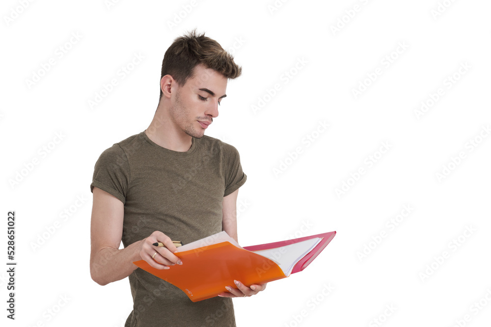 Young caucasian student reading notes on a folder, isolated over white background. Young caucasian student reading notes on a folder, isolated over white background.