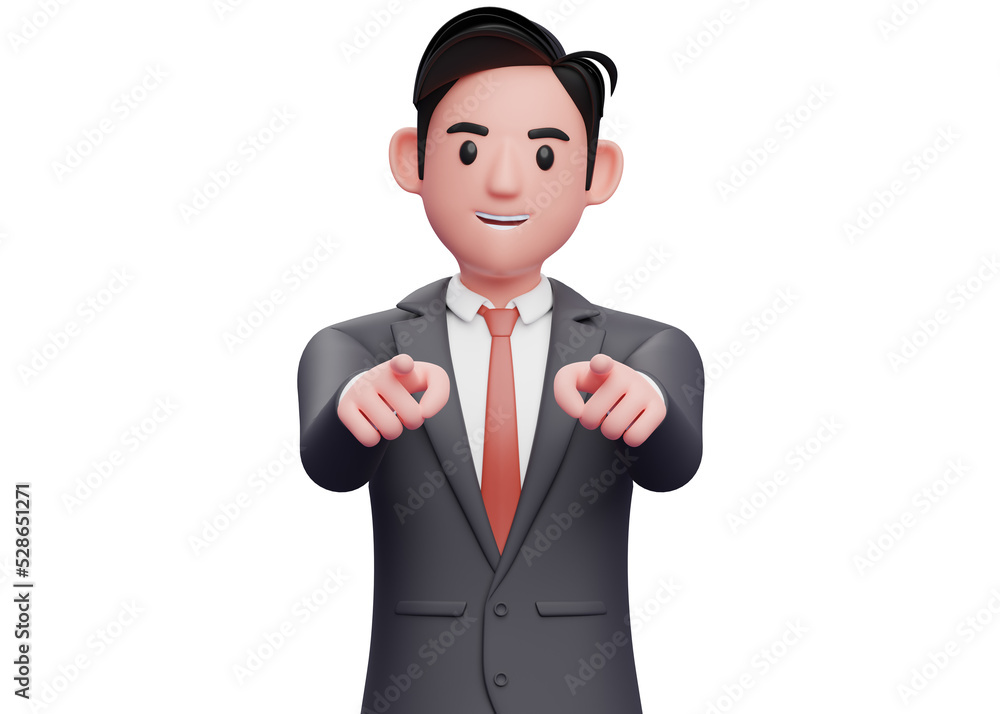 businessman wear black suit pointing to the camera with both hand, 3d illustration of a businessman pointing camera with both index finger