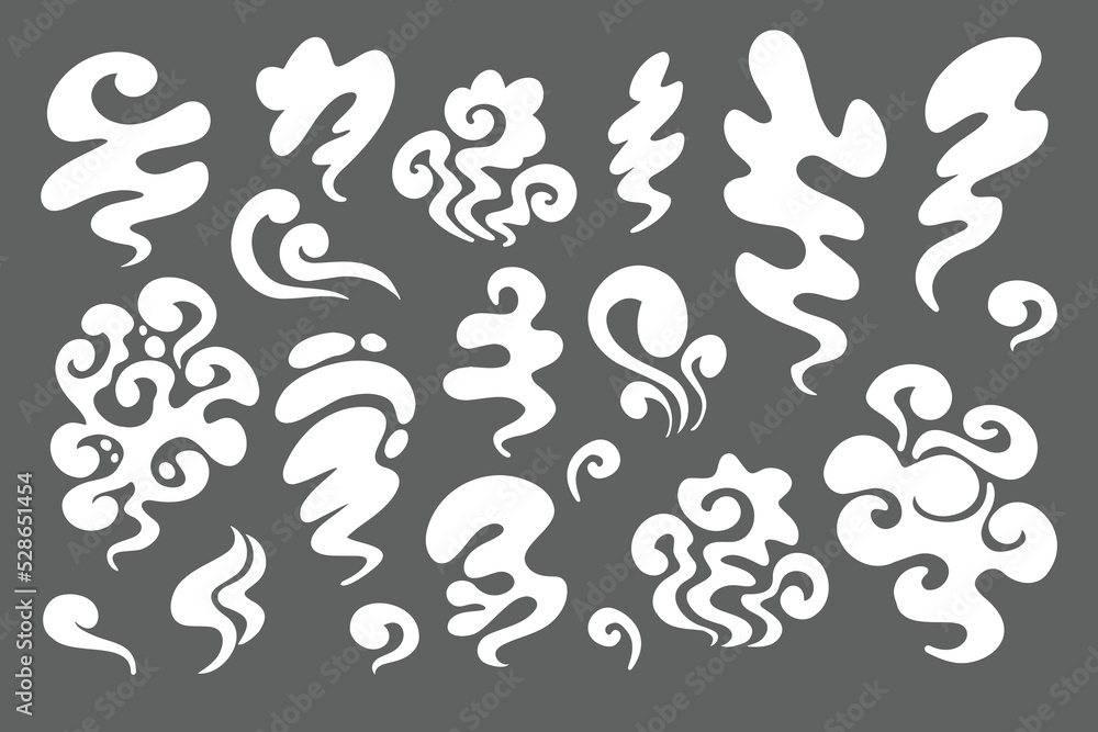 Smoke different shapes set. White cloud fog cigarette fire in cartoon style for game. Isolated flat Smoke different shapes set. White cloud fog cigarette fire in cartoon style for game. Isolated flat