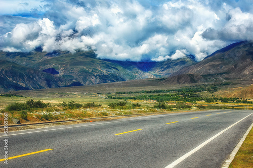 Paved mountain road from Lhasa to Shigatse, Tibet