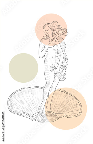 Sketch of the famous painting by Sandro Botticelli 'The Birth of Venus'. Woman with loose hair in a shell. Italian Renaissance. Vintage brown and beige card, hand-drawn, vector. Old design.