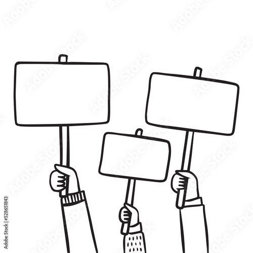 Doodle line illustration large crowd of people demonstrating with blank signs. Human hands up in modern style. 