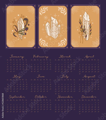 Magic calendar 2023. Crystal set with sprigs of a plant. ritual amulet. Vintage illustration in boho style. Halloween, witchcraft, astrology, mysticism. 12 months of 2023