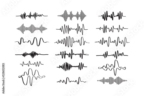 Sound waves. Doodle audio frequency, radio signal, voice line waveform, volume music level symbol