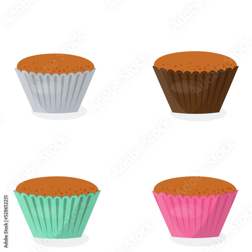 A set of plain cupcakes in colorful paper liners in a cartoon style