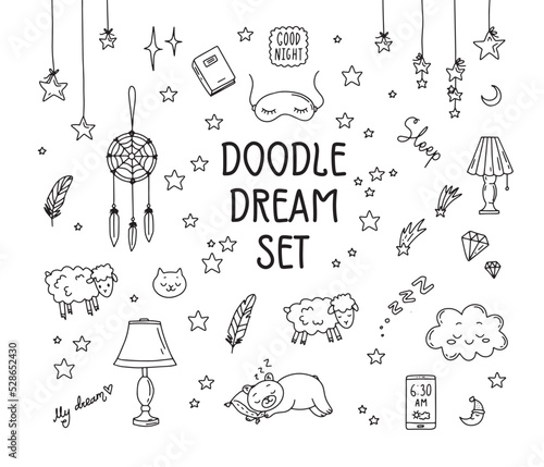 Sleep dream cute outline Doodle icons. Sleeping simple cartoon drawing style. 