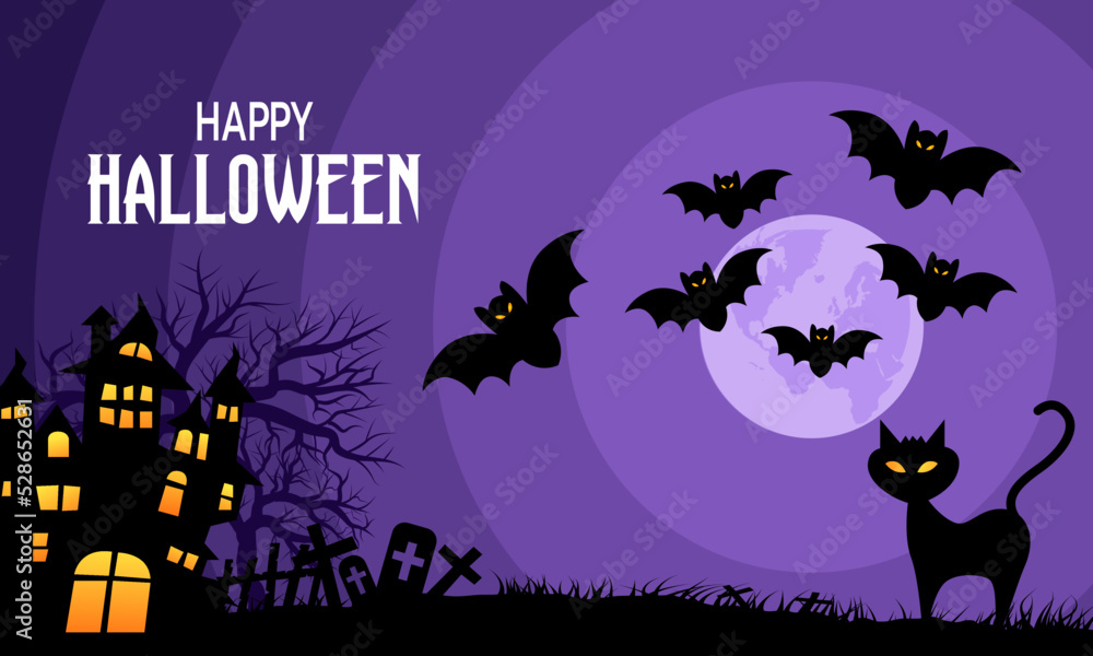 Happy halloween haunted house at night with full moon, bats, cemetery and cat silhouettes. vector  background illustration 