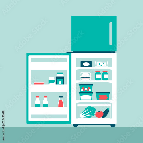 Open fridge with stored food