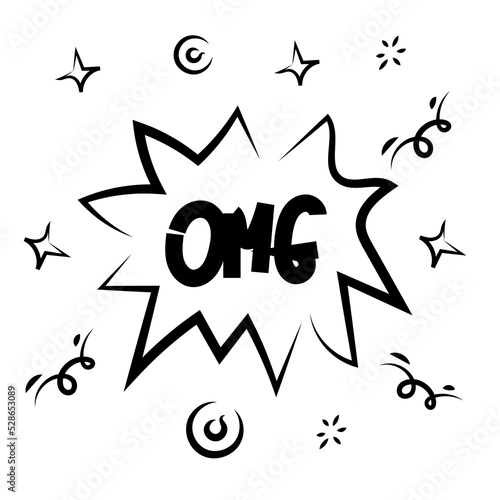 Cloud speech bubble with OMG text. Comic doodle sketch style. Explosion cloud omg icon.