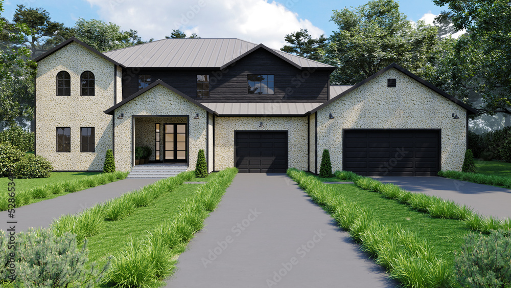 Large beautiful house with two garages. 3d render of a house. Large beautiful house with two garages. 3d render of a house.
