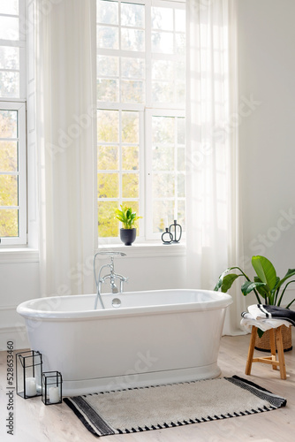 Stylish modern bathroom interior. Vertical view of an empty free-standing bathtub on a wooden floor in a bright room against the backdrop of a large window and green houseplants. Soft selective focus.