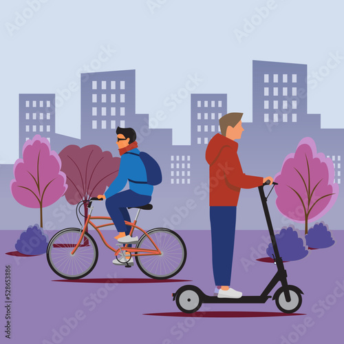 Two men riding a bicycle and a push scooter with the city panorama on the background
