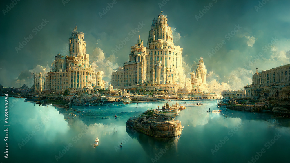 Illustration of Atlantis, acient civilization, history and mythology, legend city sunken under the water - obrazy, fototapety, plakaty 