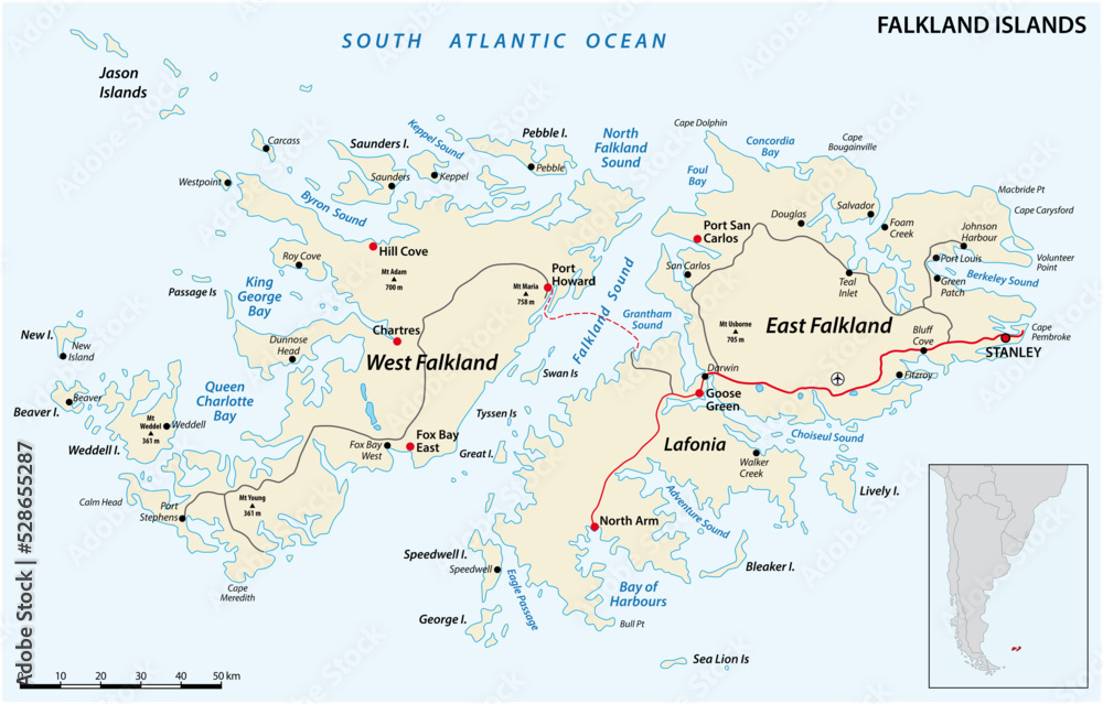 Falkland Islands, also Malvinas, vector road map