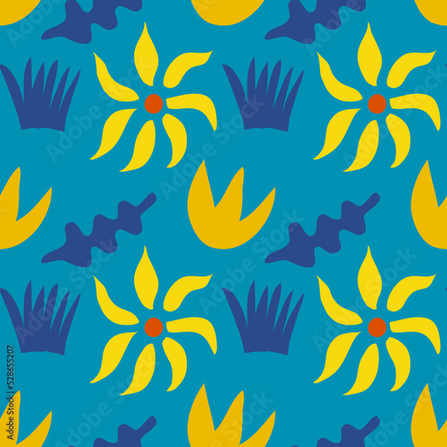 Abstract seamless pattern with nature shapes. Leaf, grass and flower on blue background. 