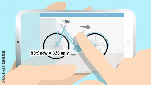 A pair of hands is holding a silver mobile phone and click on a photo of a secondhand bike which sold in a low price, text: 90%, $20 only, realistic minimalistic illustration vector 