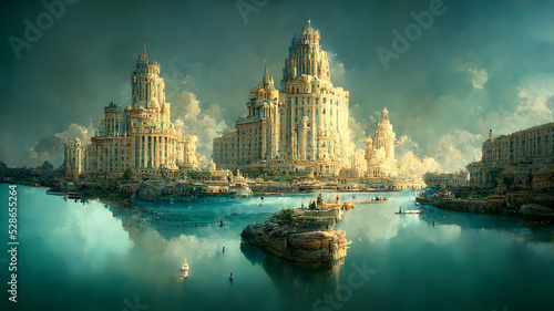 Illustration of Atlantis, ancient civilization, history and mythology, legend city sunken under the water photo
