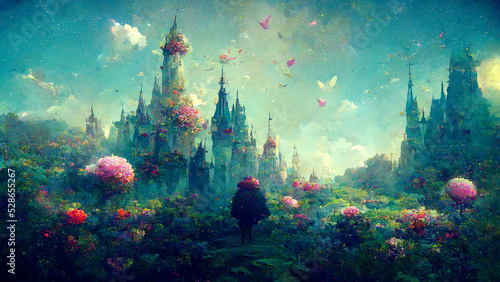 Illustration of a fairytale dreamlike castle in pastel colors, magical and mystical medieval kingdom photo