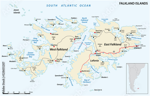 Falkland Islands  also Malvinas  vector road map