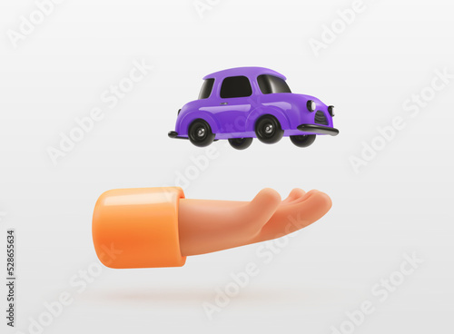 3d cartoon human hand holding toy car vector illustration. Little auto in arm on white background design element
